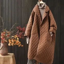 Warm Cotton Jacket 2023 Winter Loose Fitting Artistic Retro Diamond Checkered Cotton Jacket Mid Length Jacket Trench Coat Women