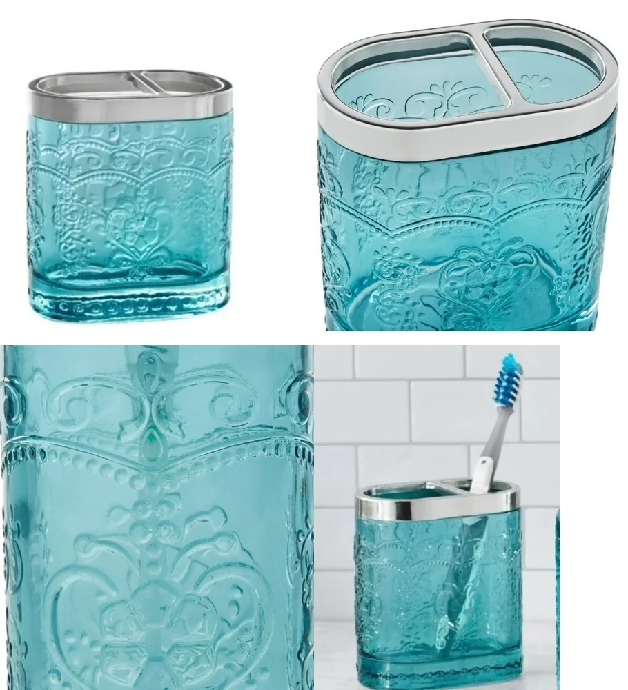 

Trendy Teal Glass Women Brush Holder Pressed Pattern Amelia Style Bathroom Accessory Decorative Toothbrush Organizer Modern Sink