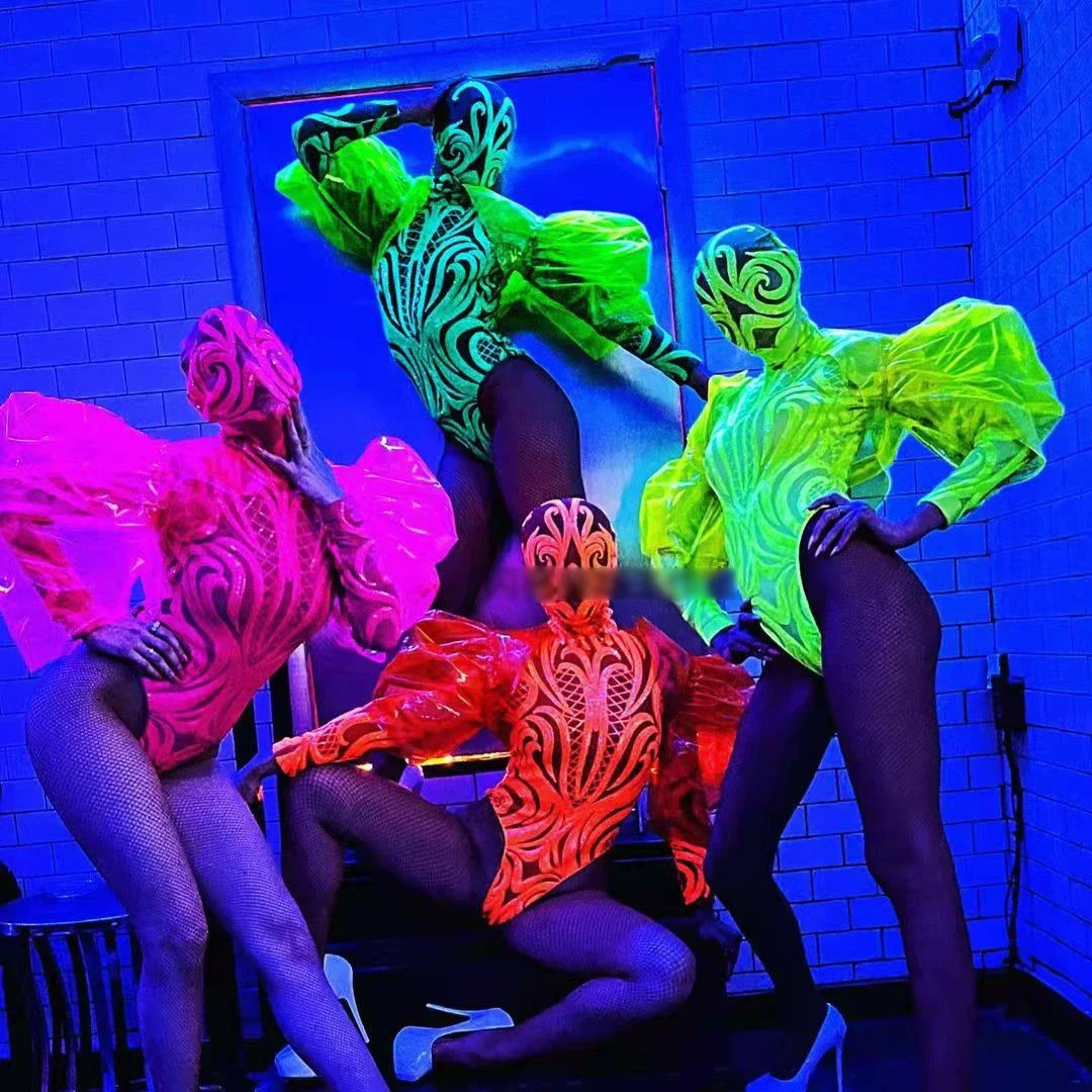 

Fluorescent Color Gogo Dancing Performance Stage Costume Puff Sleeve Bodysuit Nightclub Festival Wear DJ Dancer Clothing