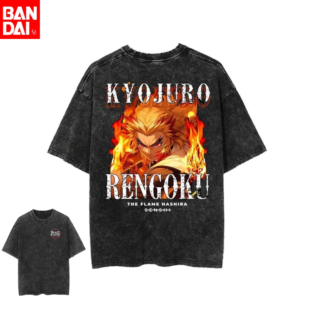 

Demon Slayer Kyojuro Rengoku Flame Hashira T Shirt Men 2026 Summer Vintage Acid Wash Oversized Tee Anime Streetwear Harajuku