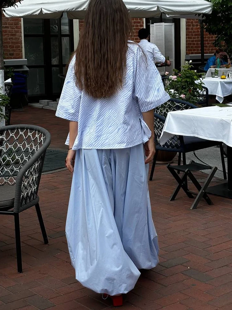 

Women Light Blue Balloon Pants Fashion Fold Elastic High Waist Loose Fit Trousers 2026 Lady New Vacation Casual Daily Dresses