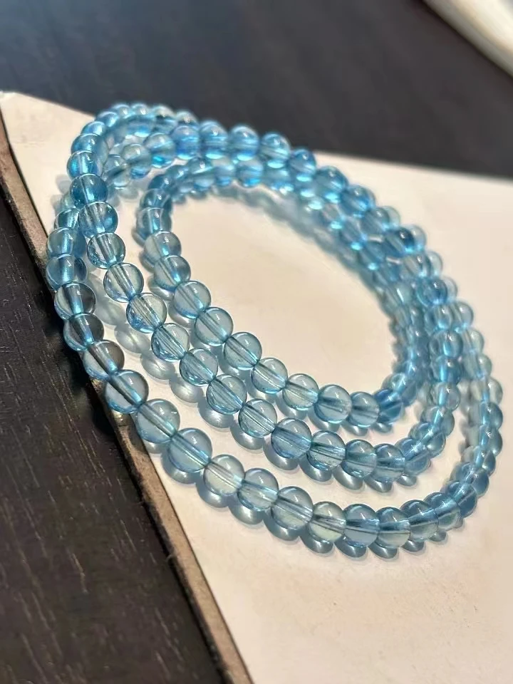 Natural Deep Blue Aquamarine Round Beads Bracelet 5.3mm 3 Laps Women Men Gift Fashion Brazil Deep Blue Aquamarine Jewelry AAAAA