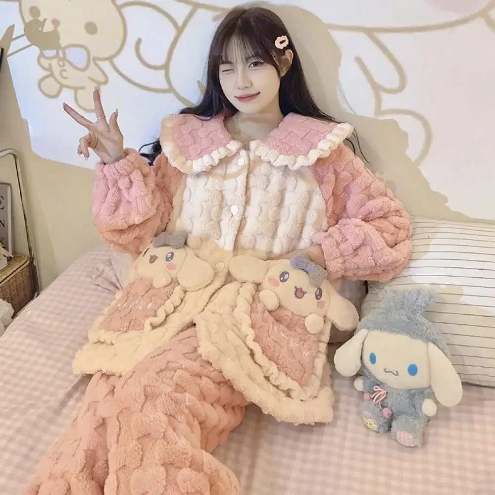 Sanrioed Anime Kawaii Cinnamoroll My Melody Kuromi Women\'s Pajamas Coral Velvet Thickened Long Sleeve Nightwear Winter Homewear