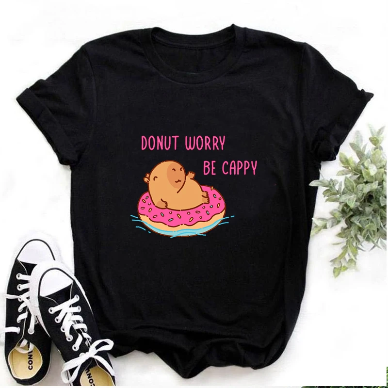 DONUT WORRY BE CAPPY Graphic T-shirt Summer O-neck Short Sleeve Unisex T Shirt Funny Cartoon Printed Casual Woman/Man Tees