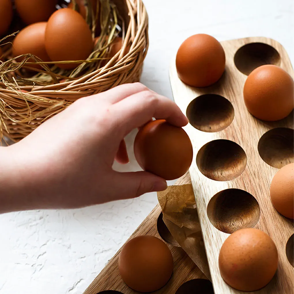 

Bamboo Wood Yellow BPA-Free Egg Holder Tray With Multiple Slots Prevent Decaying Durability Egg Tray