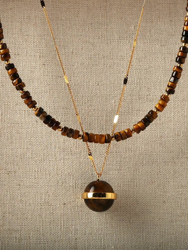 Natural colored tiger eye stone bead necklace, titanium steel accessory, women's high-end light luxury accessory