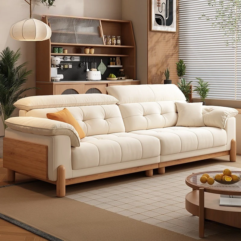 Cream antique solid wood fabric sofa small apartment modern living room simple chenille cotton and linen removable sofa