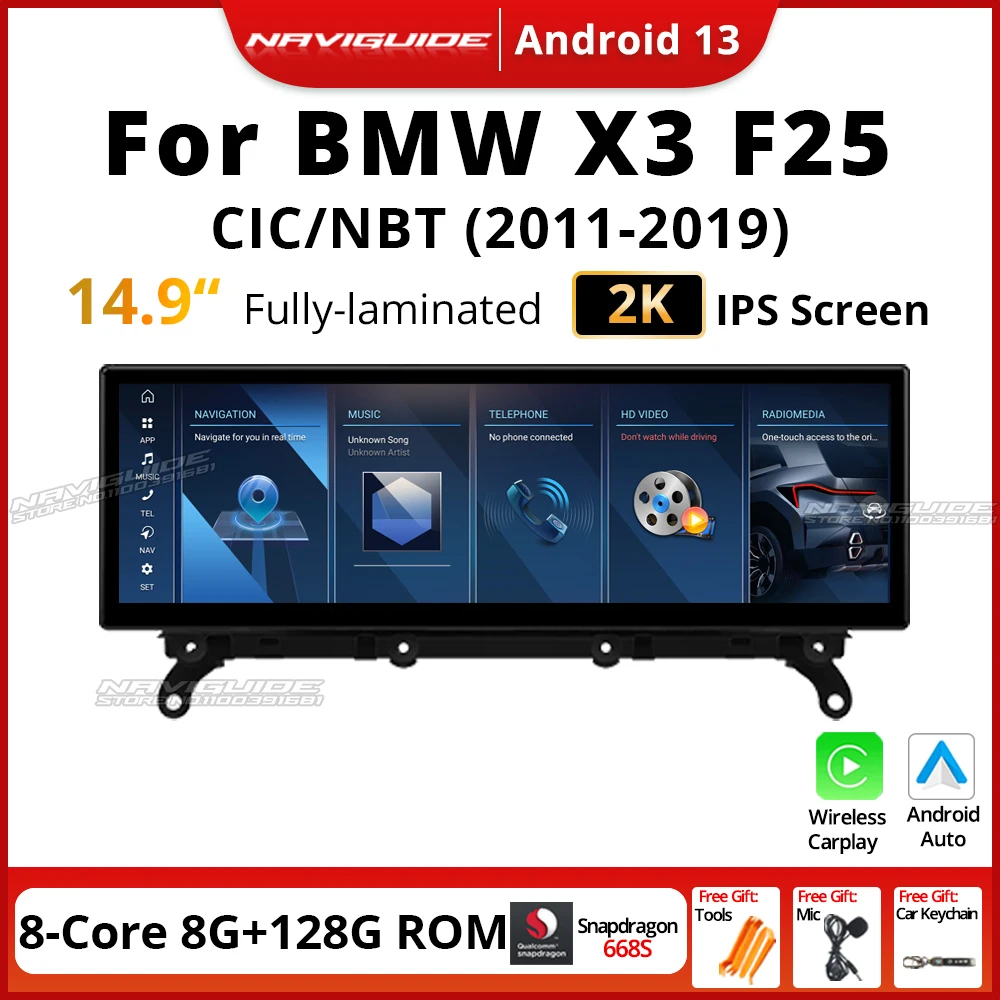 NAVIGUIDE 14.9'' Android13 Car Radio For BMW X3 F25 X4 F26 2011-2019 CIC NBT Susytem Carplay Multimedia Player BT 4G WIFI GPS