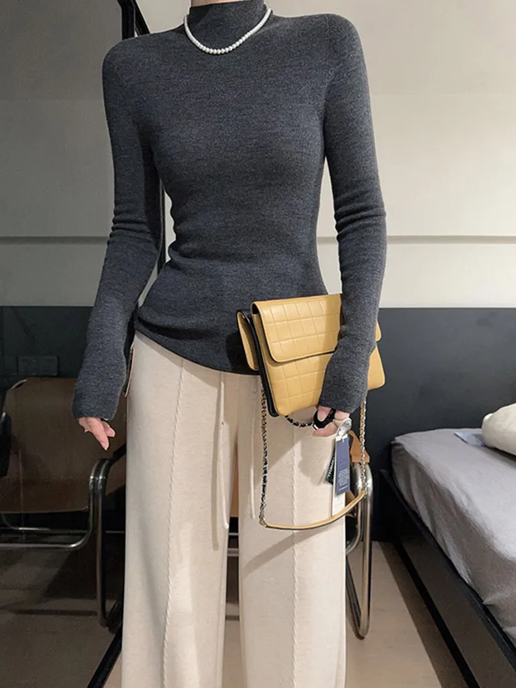 

Pure Color Woolen Long Sve f Высокий воротник Slim Fit Трикотажная основа irt Повседневный дизайн Ele Корейский Sle Commute Faion