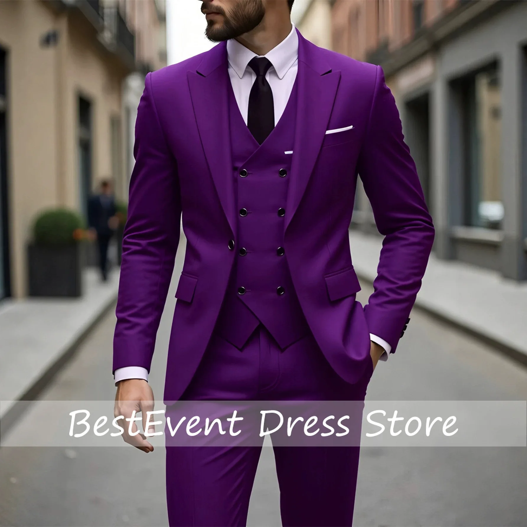 

Purple Men'S 3pcs Slim Fit Suits Double Breasted Suit Men Formal Suit for Wedding Prom Dinner Party Business Customized