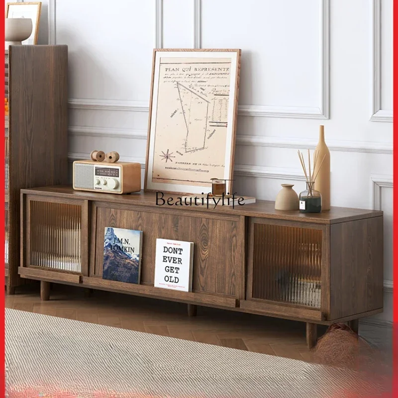 

lNordic solid wood TV cabinet walnut color Japanese ash wood floor cabinet Changhong glass locker
