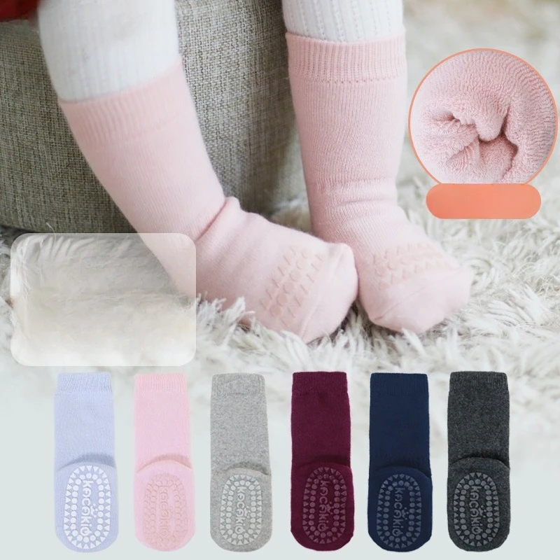 

1 пара бесшовных махровых детских носков с петлями, повседневные нескользящие хлопковые термозимние домашние носки класса A для малышей