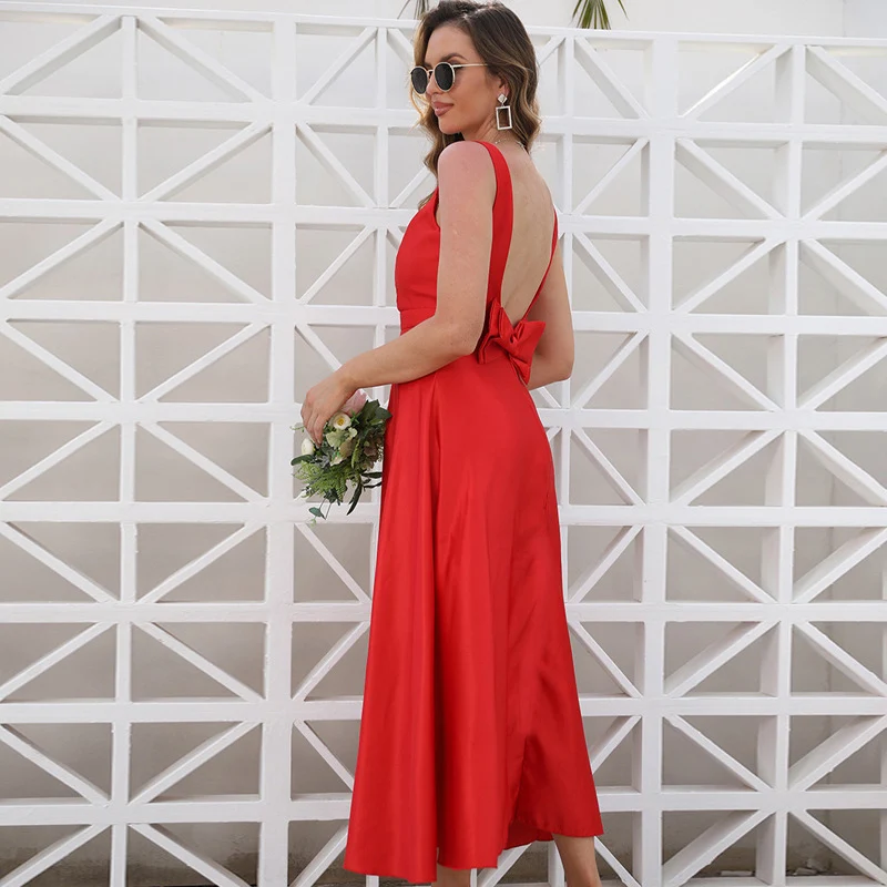 Vestido de noche rojo con doble lazo, vestido de mujer con espalda descubierta, vestido elegante informal sexi, ropa de mujer