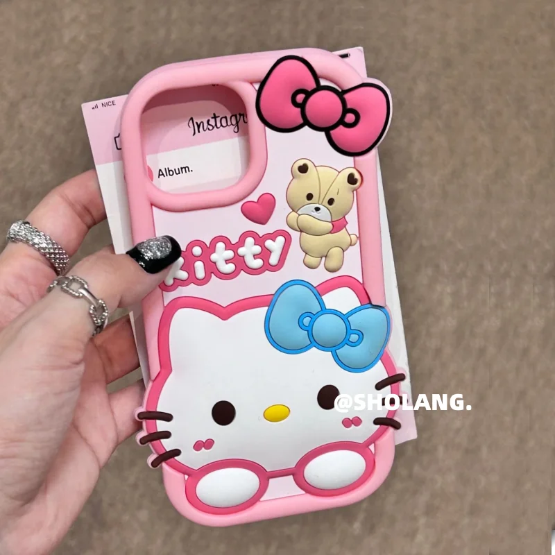 Sanrioed Hellokitty Pink Bear Iphone Series Phone Case Iphone15 Promax Silicone All Inclusive Mobile Phone Protective Case Gift