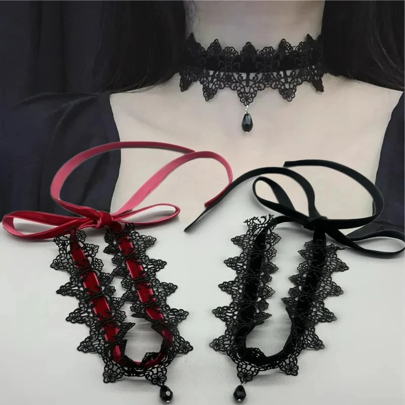 القوطية الأحمر الأسود مقوس دانتيل المختنق قلادة المرأة طوق قلادة قلادة عتيقة سلسلة قصيرة قلادة هالوين مجوهرات الأزياء