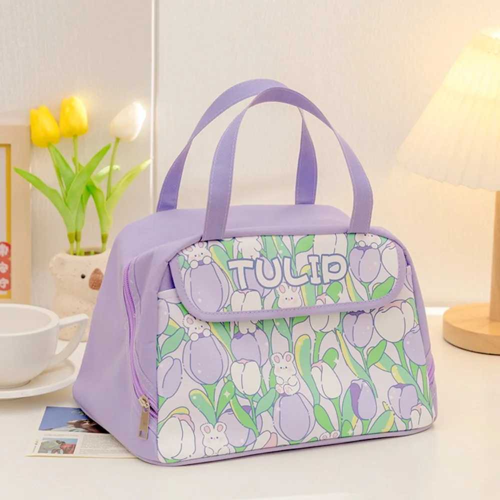 Flower Blue Cartoon Lunch Handbag Reusable Tote Cooler Bags Cute Rabbits Lunch Bag Large Capacity Aluminum Foil