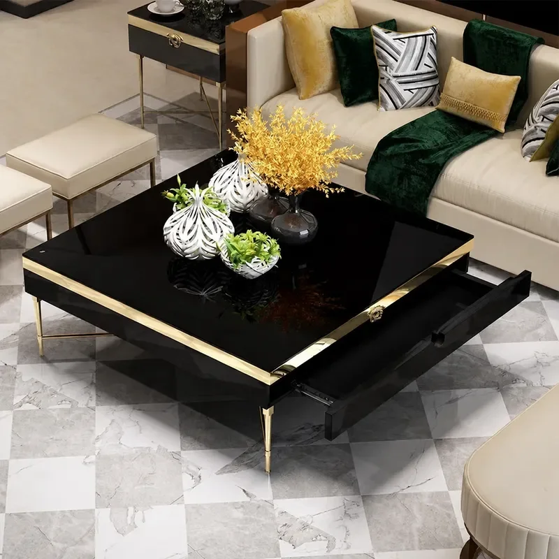 Modern Light Luxury Coffee Table and TV Cabinet Set Black Stainless Steel Metal Frame Simple Living Room Furniture