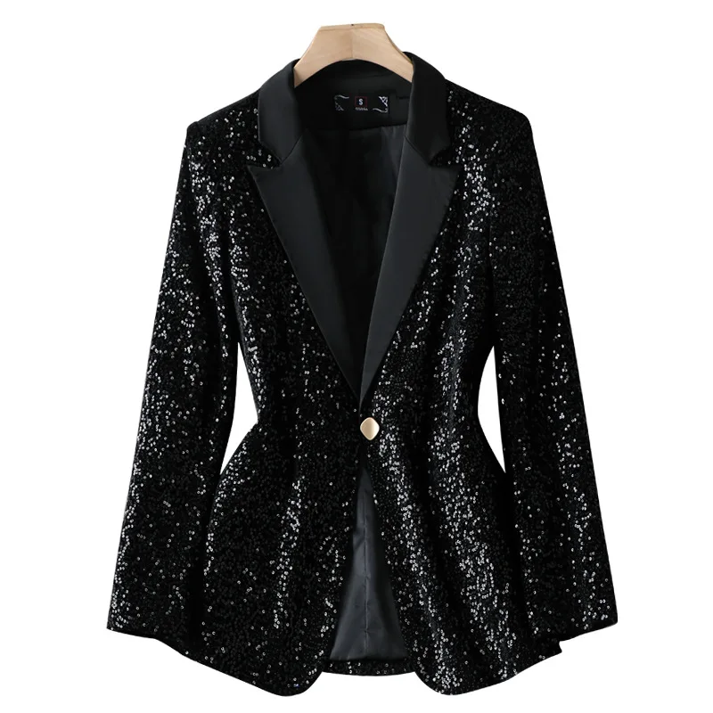 Spring Women Sequined Small Blazer Feminino Shining Pockets Long Sleeve Outerwear Vintage Female Casual Office Lady Work Tops