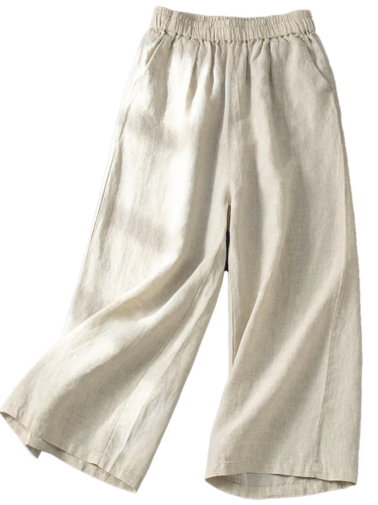 ارتفاع الخصر بنطال ذو قصة أرجل واسعة عادية القطن الكتان سبعة تسعة سبليت السراويل النسائية فضفاضة تناسب بنطلون ريترو تخفيف Sle صيف 2025 #5