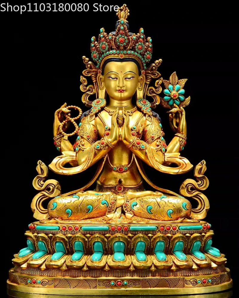 Copper Gilding inlay Four-arm Guanyin buddha statue Nepal Tibet buddhism goddess statue sculpture,47cm,31.5cm,22cm