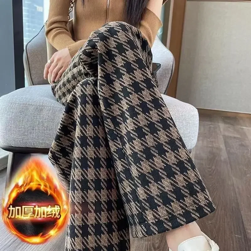 

New Baggy Warm Wide-leg Sweatpants Winter Black Plaid Thick Velvet Lined Straight Pant Casual Thicken Velveteen Women Pantalones