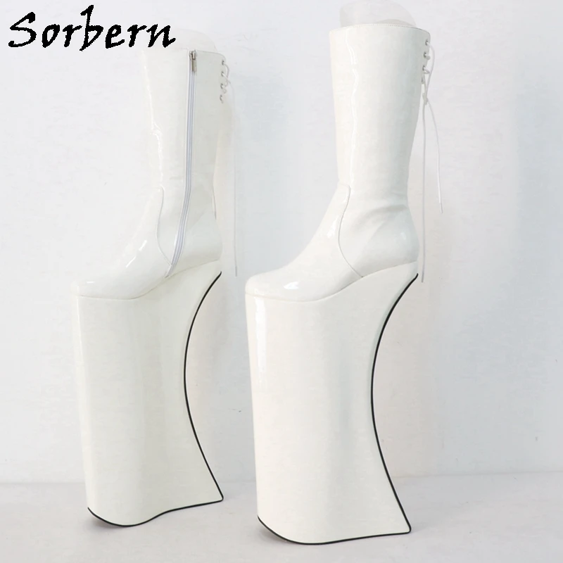 Sorbern Customized 40cm Boot Unisex Drag Queen Shoes Moon Wedge High Heels Mid Calf Lace Up Back Fetish Platform Boots Zip Up