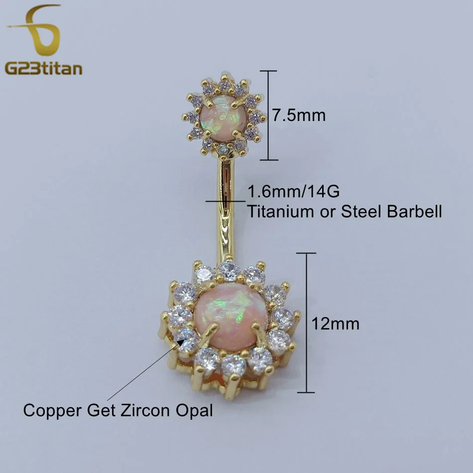 G23titan Pink Opal Crystal Sun Flower Belly Button Ring 14G Medical Titanium Bar Women Nombril Navel Piercing Ombligo Jewelry