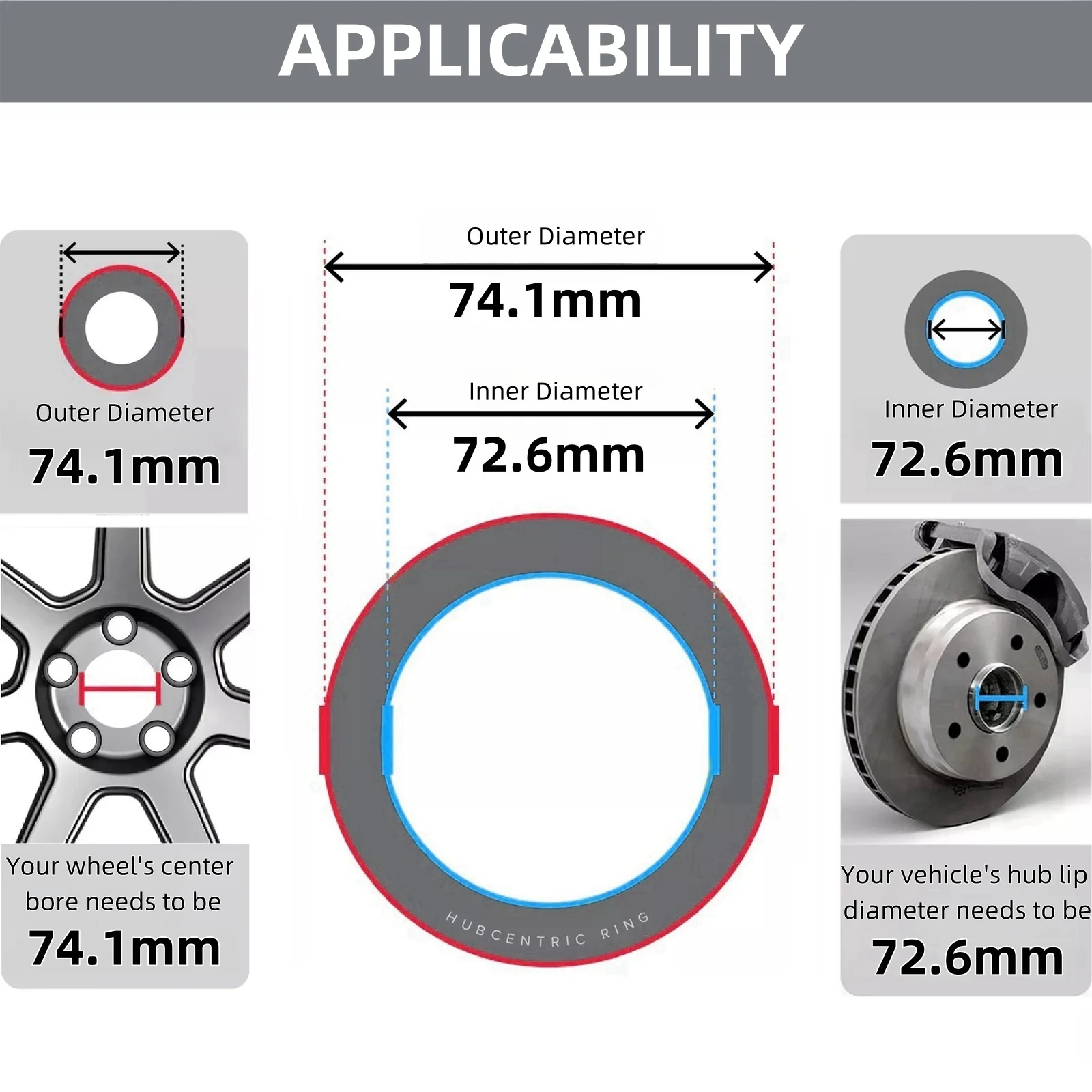 4 pcs Automotive Car Wheel Hub Centric Rings 74.1mm to 72.6mm Hub Rings Bore Alloy Aluminium Car Center Bore Center Hole Collar