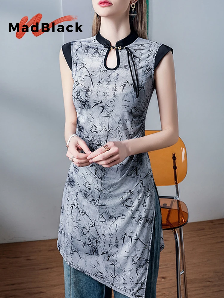 Vestido Cheongsam MadBlack para mulheres, estampa clássica, tops de malha fina, vestidos Midi sem mangas, roupas chinesas novas, primavera, D43032JC