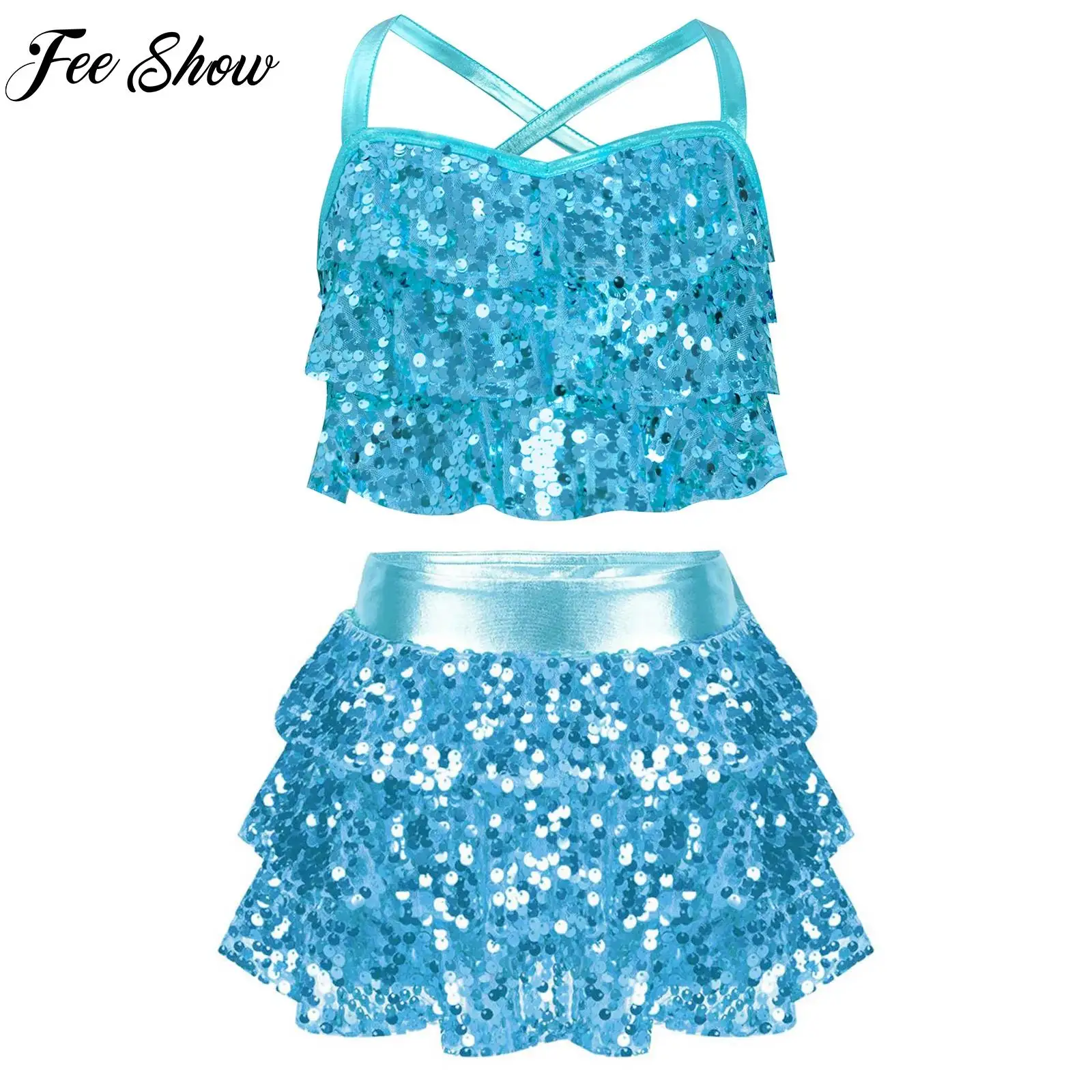 

2Pcs Kids Girls Sequins Jazz Latin Ballet Dance Outfit Performance Costumes Metallic Crop Top with Skirted Shorts for Stage Show