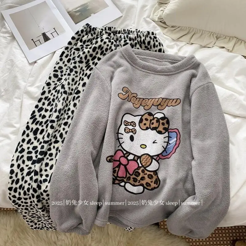 

Sanrio Hello Kitty Women's Pajamas Set Coral Fleece Flannel Thick Warm Cute Neck Autumn Winter Homewear Kawaii Cozy Sleepwear