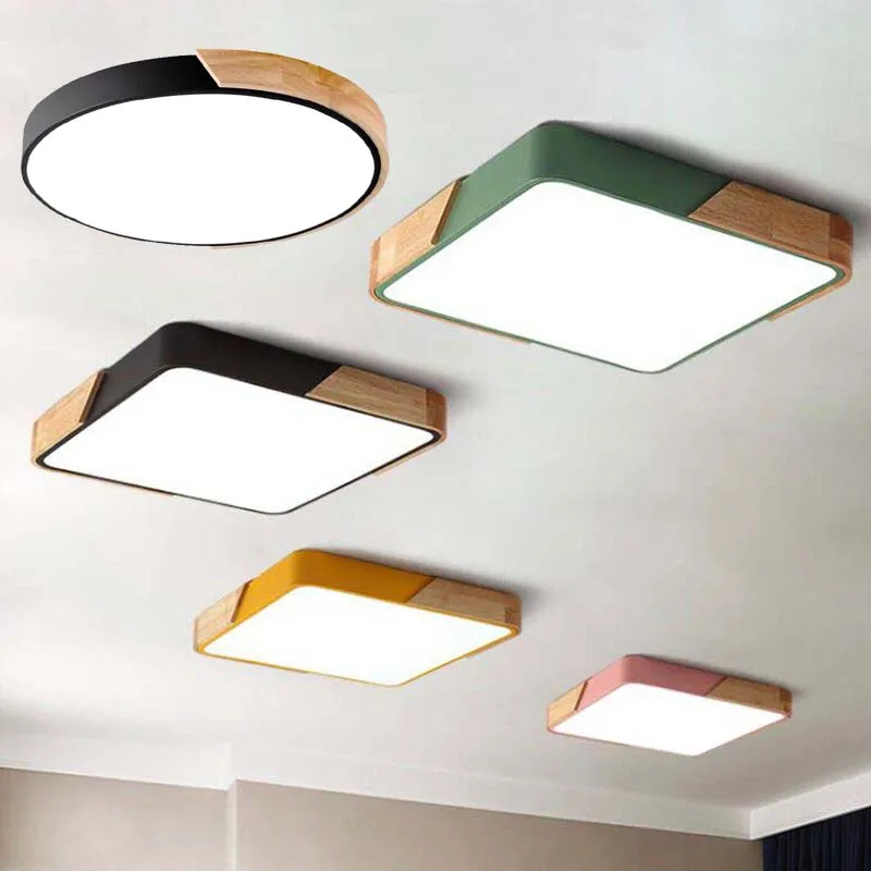 

Modern LED Ceiling Lights for Living Room Bedroom Lamp Square Round Wooden Remote Dimmable Macaron Colors Size 30/40/50/60cm