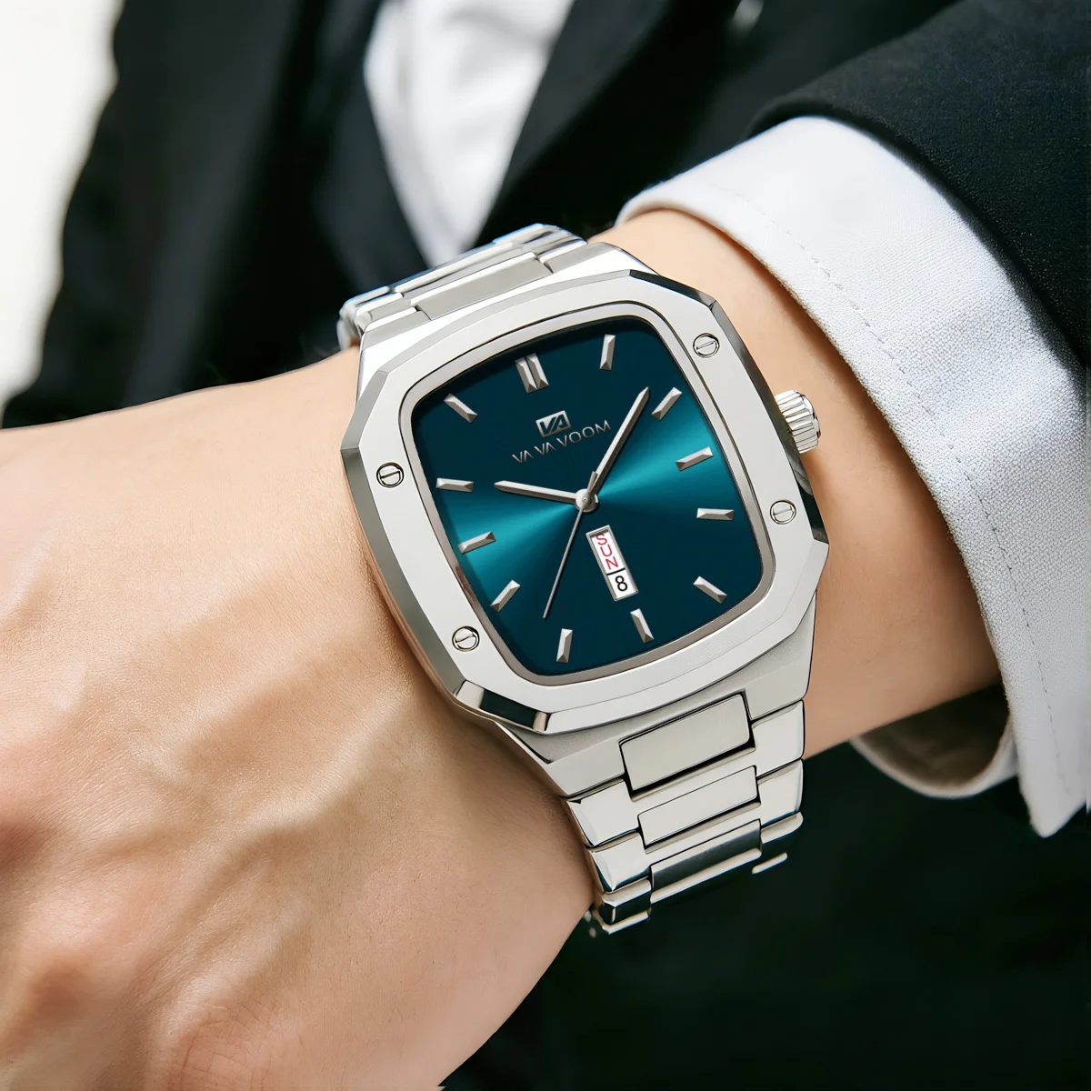 2024 New Men Watch Fashion Square Stainless Steel Strap Blue Gold 3Bar Quartz Week Calendar Simulated Business Sports WristWatch
