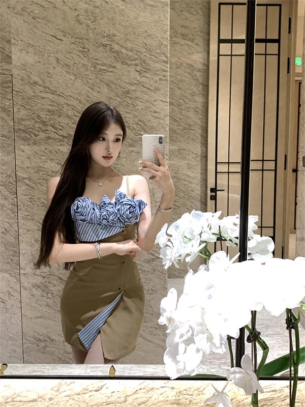 BaiYaan Summer Floral Print Color Blo Strap Dr Gonna da donna slim fit irt Sle A-Line Silhouette Ins Sle