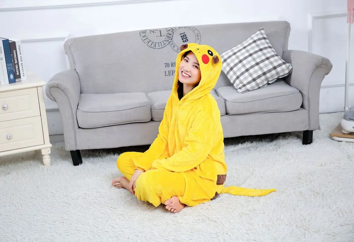 Pikachu Pokemon Warm Flannel Homewear Adult Autumn&Winter Soft Onesie Cosplay Animal Hoodie Pajamas Parent-Child Girls Sleepwear