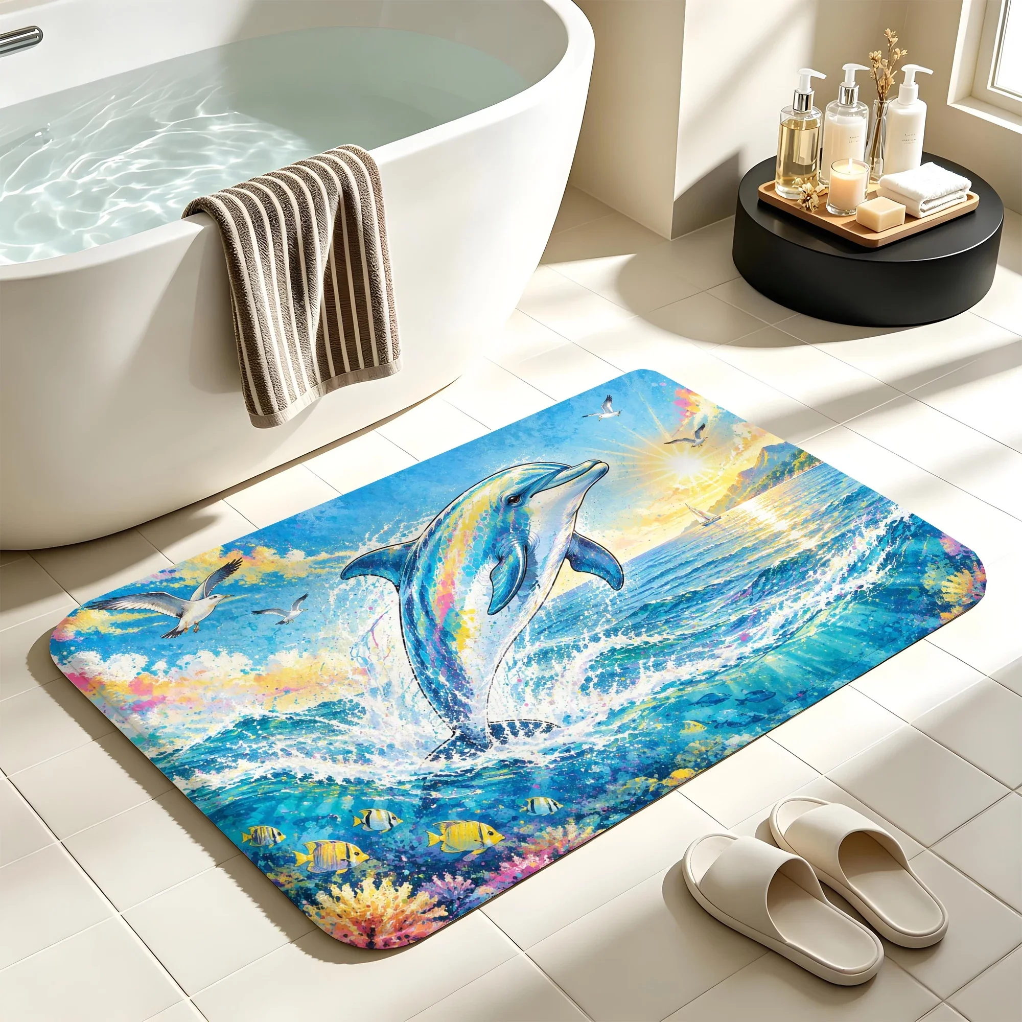 Colorful Dolphin Bath Mat Water Absorbent Quick Dry Anti-Slip Shower Rug Floor Carpet for Bathroom Home Decor