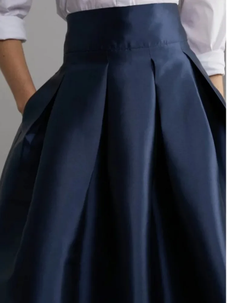 Women's Navy Blue High Waist Pleated Skirt Zippered Back A-line Midi Length Elegant Party Wear Skirts 2025 Autumn New Bottoms