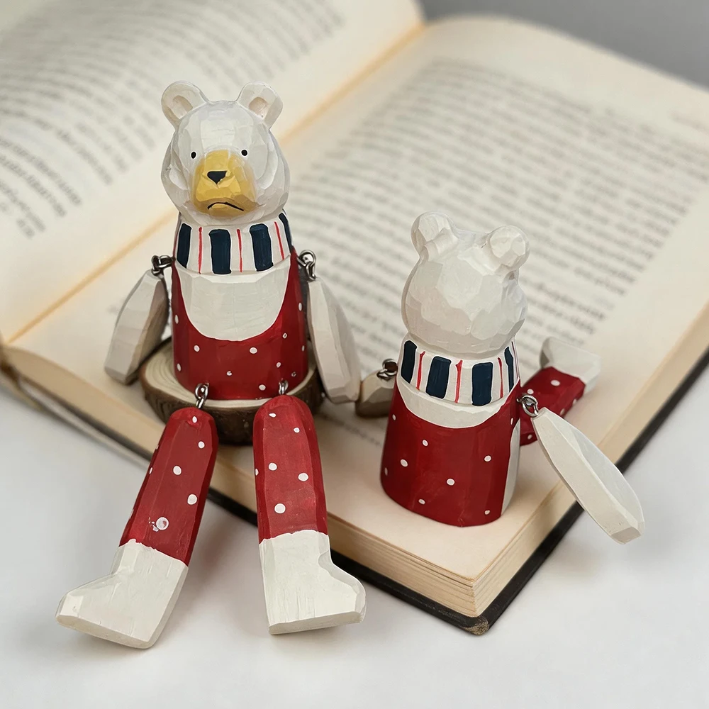 Handgeschnitzte Holzfigur Weißer Eisbär als Regaldekoration mit Beweglichen Gliedmaßen, Rustikale Heimdekoration, Weihnachtsgeschenk – Detail 1