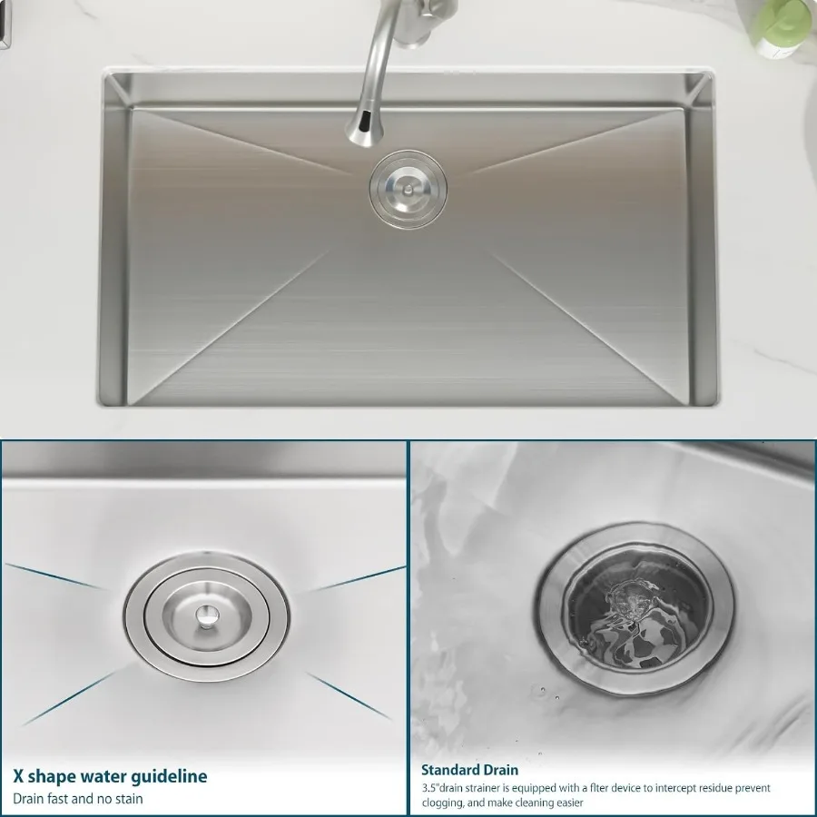 حوض المطبخ Undermount 33x19 بوصة وعاء واحد عميق 18 مقياس الفولاذ المقاوم للصدأ تحت حوض أحواض المطبخ مع R10 Round C