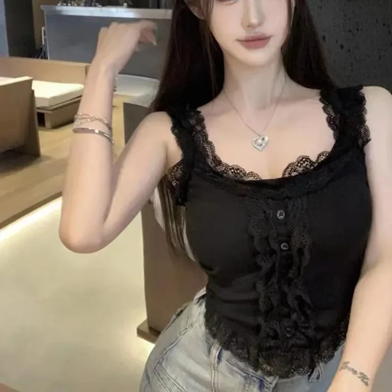 Top corto sexy con finiture in pizzo Canotte dolci chic per le donne Reggiseno incorporato Backless Autunno Innerwear attillato carino Top con cinturino per spaghetti
