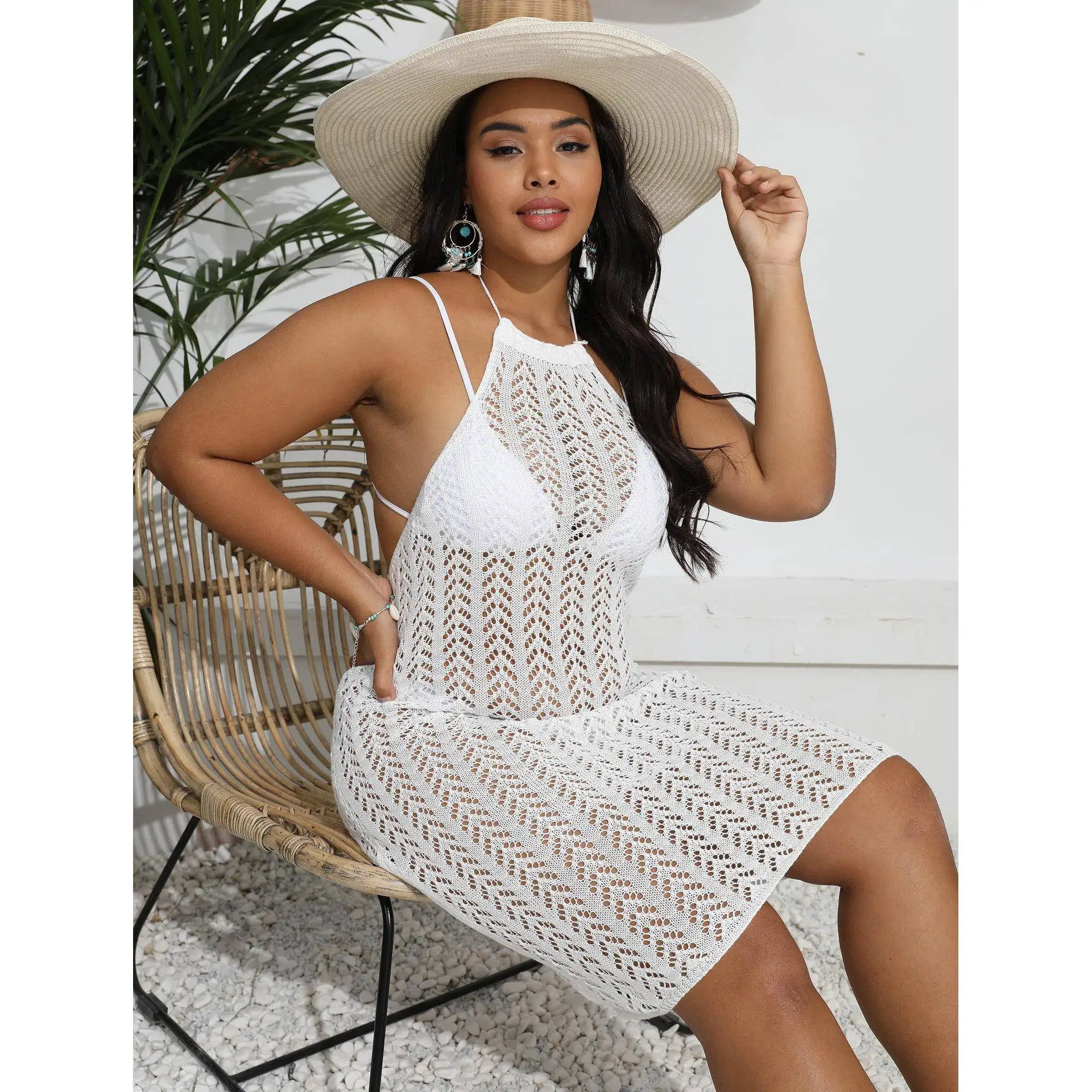 

Sexy Hollow out Backless Strapless Beach Dress Women's plus Size Clothing Cross-Border Loose Fit A-Line Dress Z82