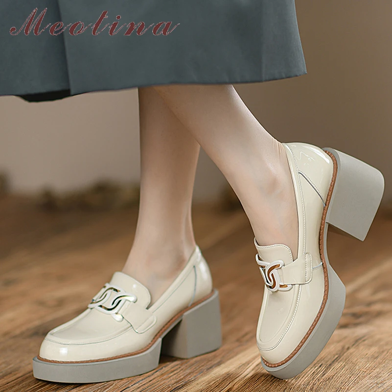 

Meotina Genuine Leather Women Shoes Metal Decoration Platform Thick Heels Pumps High Heel Ladies Footwear 2022 Spring Brown 39