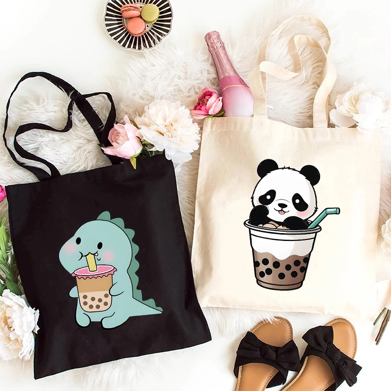 Women Handbags Cartoon Animals with Boba Tea Printed Canvas Bag Funny Handbag for Teen Fashion Tote Bag Side Bag for Ladies