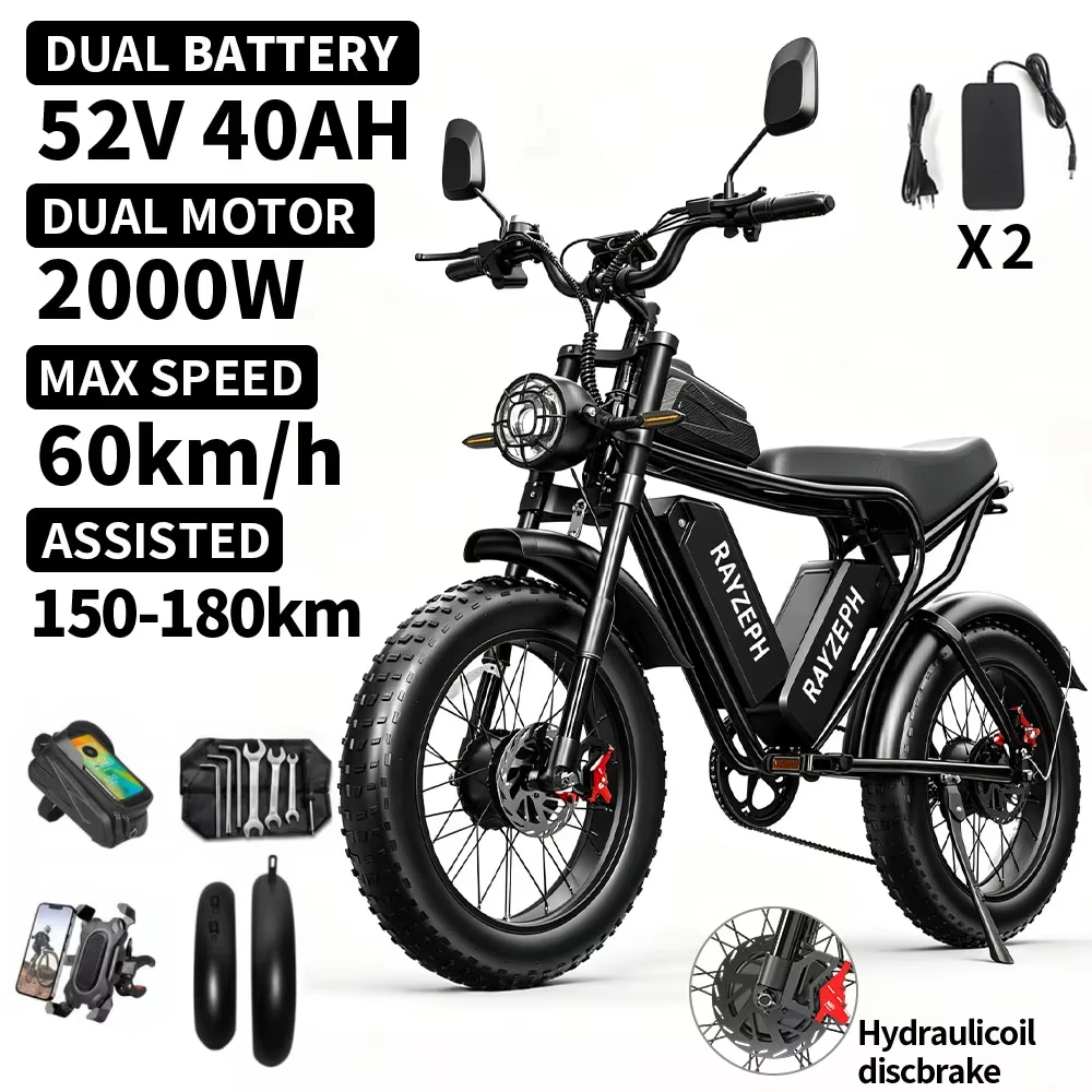Electric Bicycle Rayzeph C20Max 2000W Dual Motor 52V 40Ah Battery 180N Hydraulic Disc Brakes Speed of 60Km/H 20 Inch Thick Tyres