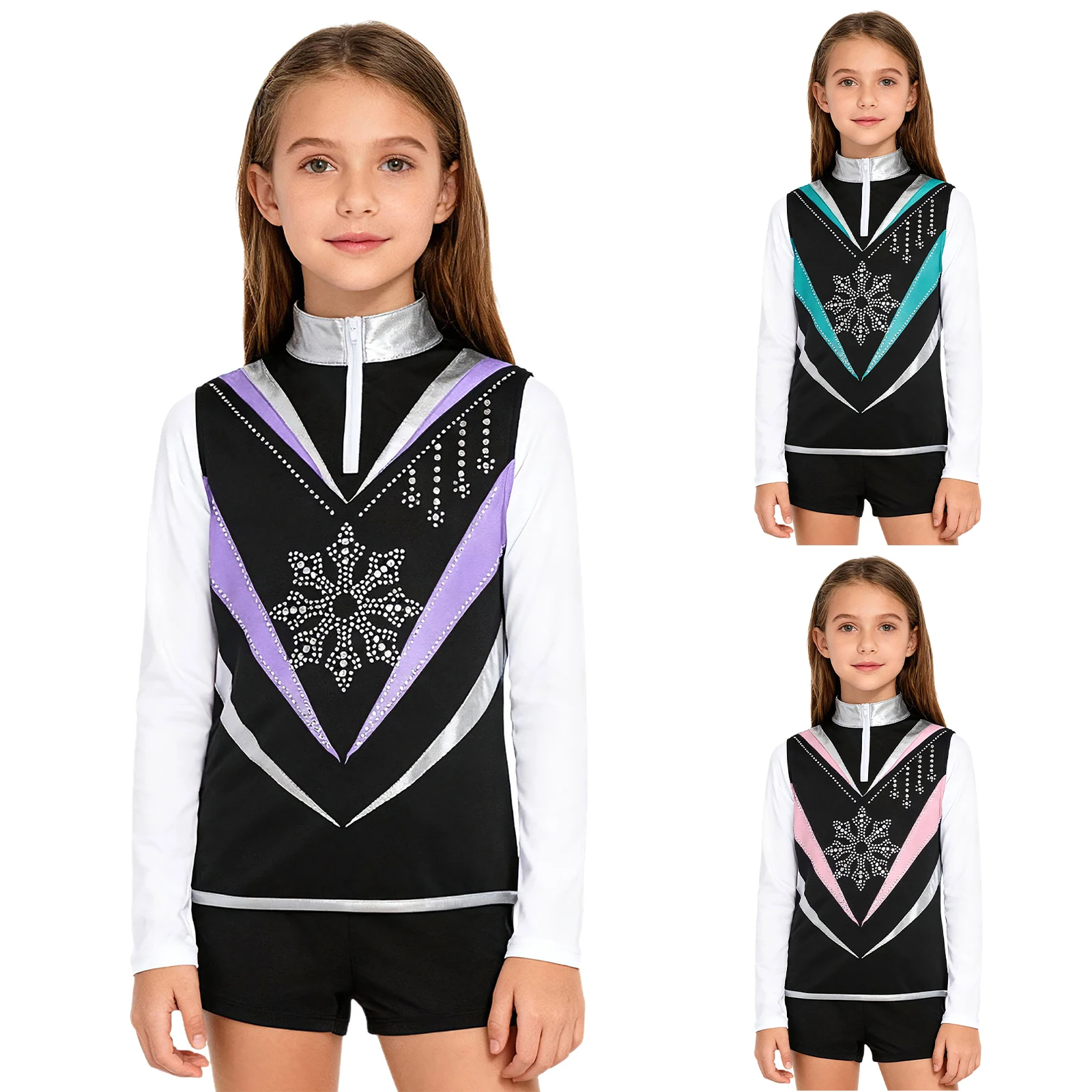 Chaleco de baile de patinaje artístico para niños y niñas, camiseta sin mangas con cuello levantado, copo de nieve brillante, Ballet, Yoga, entrenamiento de baile, práctica