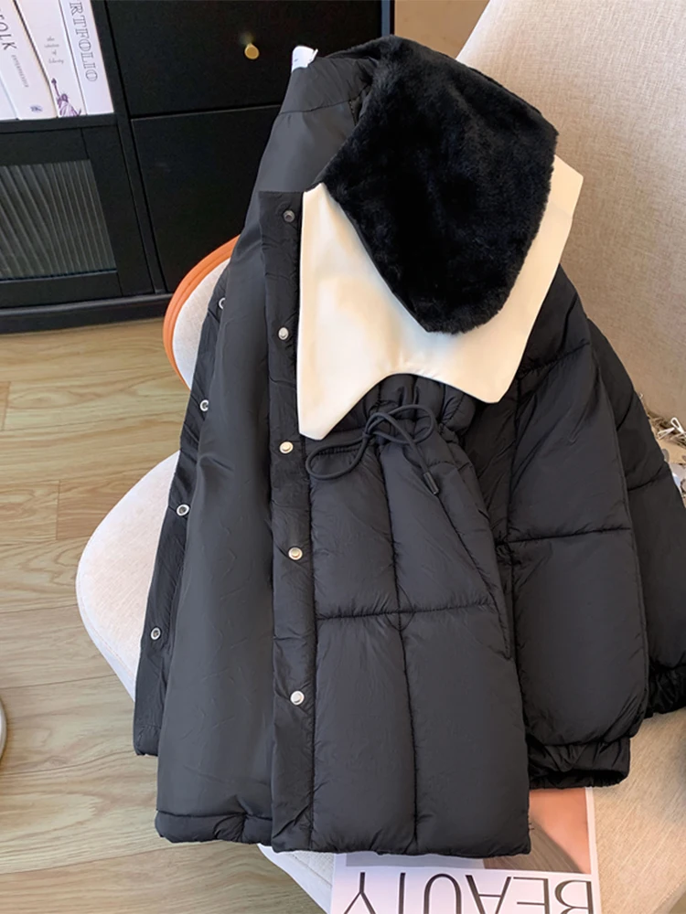 Women\'s Off White Parka Jacket Overcoat Warm Thicken Coat Korean Vintage Harajuku Peter Pan Collar Padded Jacket Clothes Winter