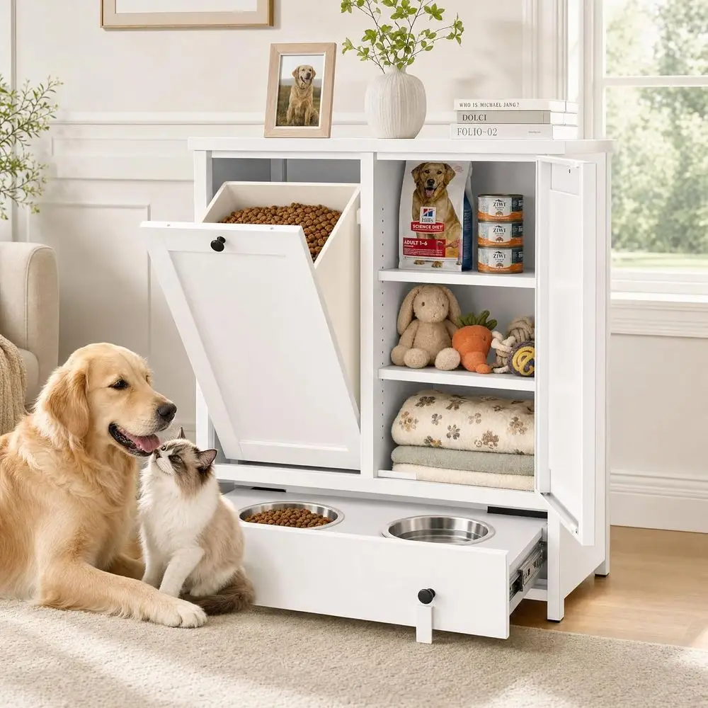 

Multi-unctional Pet eeding Station, White -Out Dog & Dog ood Station with 2 eeding Bowls, Indoor Pet Storage Organizer or Kitche