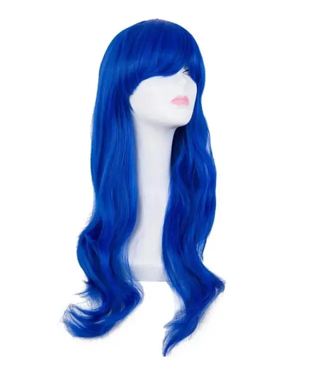 Wig Cosplay sintetis tahan panas panjang bergelombang biru wanita kostum rambut karnaval Halloween Masque pesta Salon