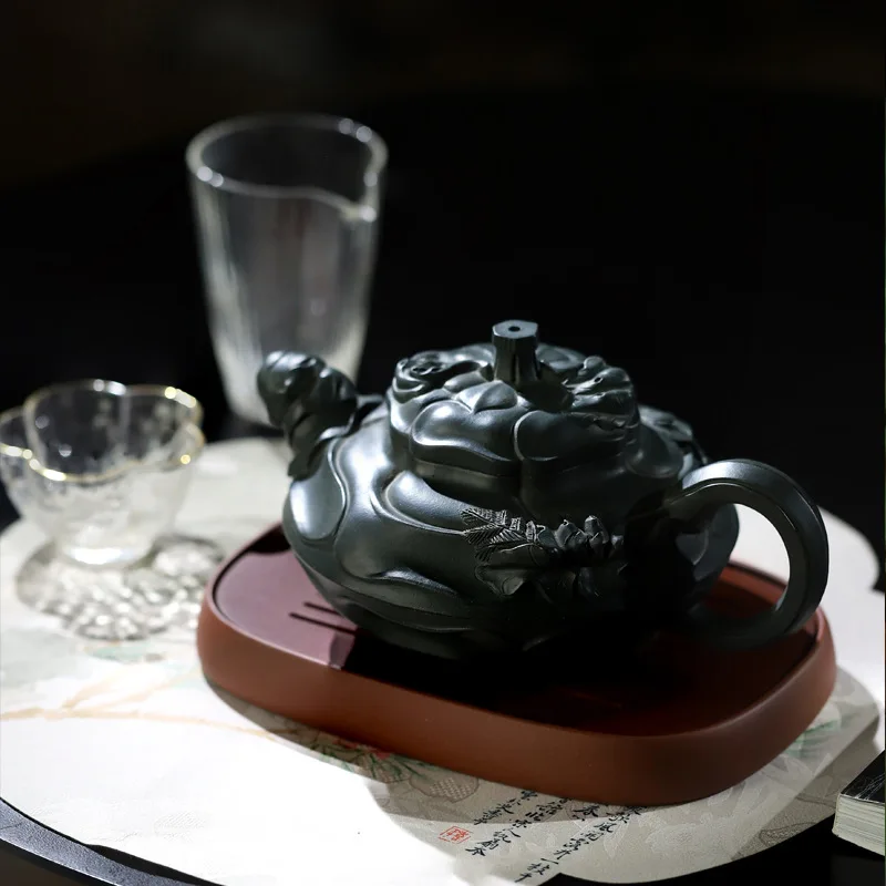 Juego de Té Premium de Arcilla Púrpura Hecho a Mano de Alta Gama, Mineral Original de Yixing, Diseño Sumatra Green Wind Curl Palm, 600ML