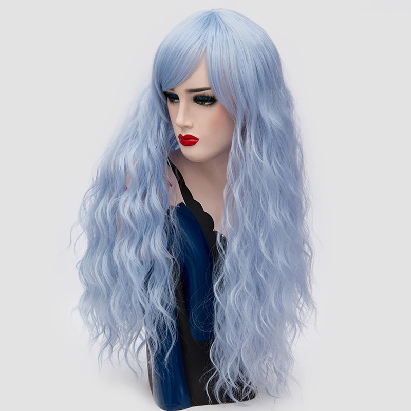 باروكة كوسبلاي زرقاء صناعية مقاومة للحرارة للنساء، تصميم طويل مموج مع ملحق جانبي مثالي للهالوين #3